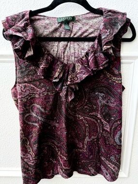 Lauren Ralph Lauren Purple Paisley Ruffle Top XL Boho Festival